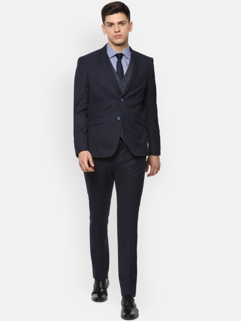 

V Dot Men Navy Blue Printed Slim-Fit Single-Breasted Formal Suit