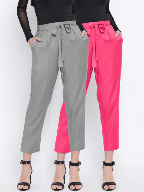 

CHROME & CORAL Women Pack of 2 Tapered Fit Solid Peg Trousers, Grey