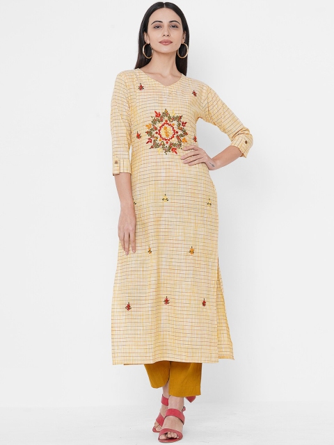 

FASHOR Women Yellow & Green Embroidered Thread Work Kurta With 2-Ply Cloth Mask