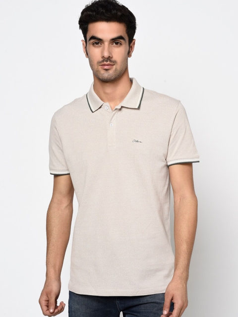 

Octave Men Cream-Coloured Solid Polo Collar Cotton T-shirt