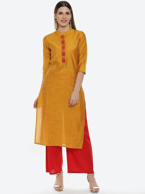 

Kurti's by Menka Women Mustard Yellow Mandarin Collar Kurta
