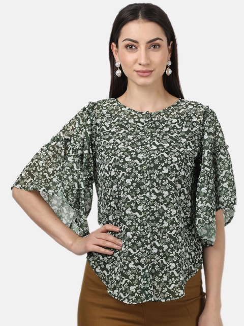 

Monte Carlo Green & White Floral Printed Flared Sleeves A-Line Top