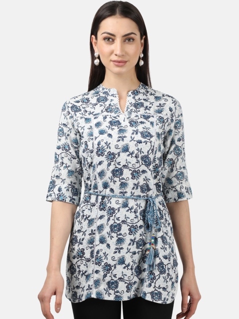 

Monte Carlo Blue Floral Printed Mandarin Collar Cinched Waist Top