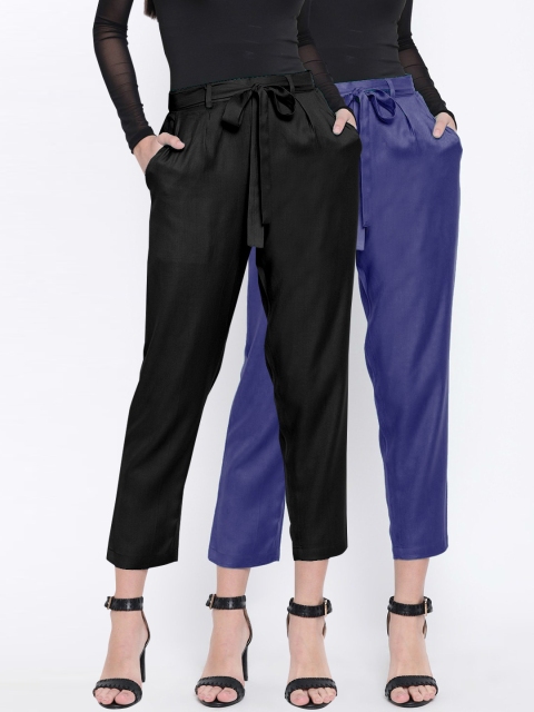 

CHROME & CORAL Women Pack of 2 Tapered Fit Solid Peg Trousers, Black