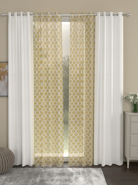 

ROSARA HOME White & Yellow Set of 4 Regular & Sheer Door Curtains