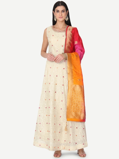

BOMBAY SELECTIONS Women Beige Embroidered Kurta with Skirt & Dupatta