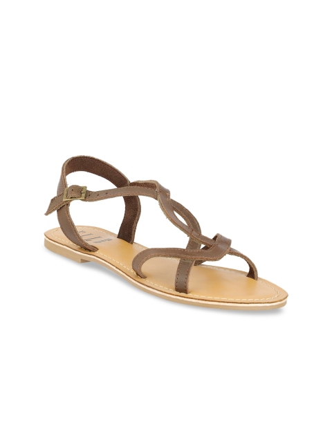 

ELLE Women Brown Solid Leather Open Toe Flats