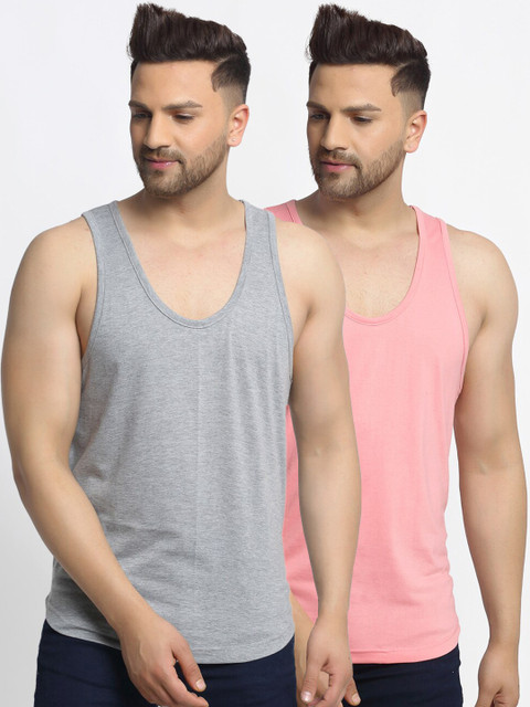 

Friskers Men Pack Of 2 Solid Apple Cut Gym Vests, Grey