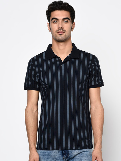 

Octave Men Navy Blue Striped Polo Collar Cotton T-shirt