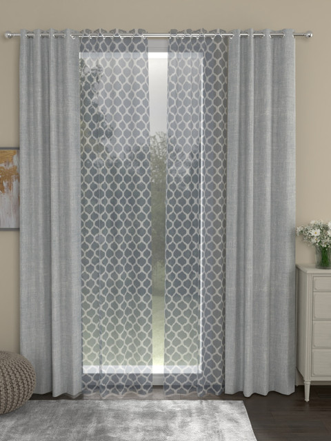

ROSARA HOME Grey & White Set of 4 Regular & Sheer Long Door Curtains
