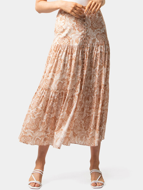 

Forever New Off White & Brown Paisley Printed Tiered Maxi Skirt