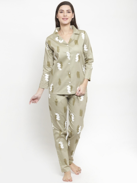 Claura Women Green & White Printed Night suit