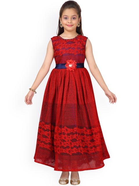 

Aarika Girls Red Floral Self Design Maxi Dress