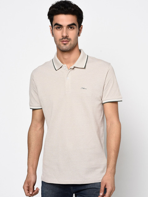 

Octave Men Cream-Coloured Solid Polo Collar Cotton T-shirt