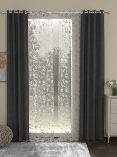 

ROSARA HOME Grey & White Set of 4 Regular & Sheer Long Door Curtains