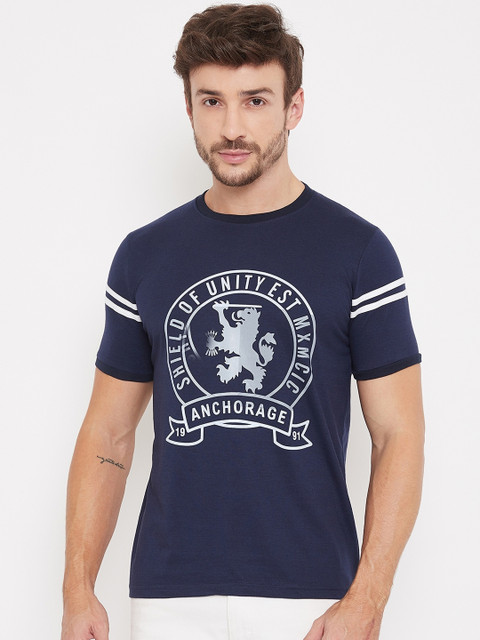 

Bishop Cotton Men Navy Blue Printed Round Neck Organic Cotton T-shirt