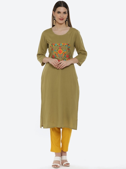 

Kurti's by Menka Women Olive Green Ethnic Motifs Embroidered Thread Work Kurta