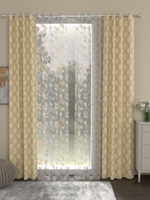 

ROSARA HOME Beige & White Set of 4 Regular & Sheer Long Door Curtains