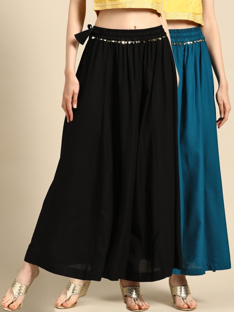 

TAG 7 Women Black & Blue Solid Flared Palazzos