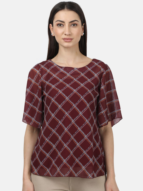

Monte Carlo Maroon & Off White Checked Flared Sleeves A-Line Top