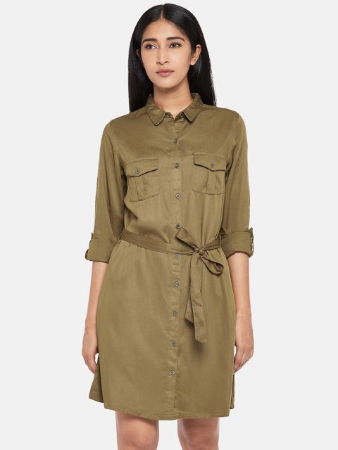 

People Women Olive Green Solid Shirt Dress