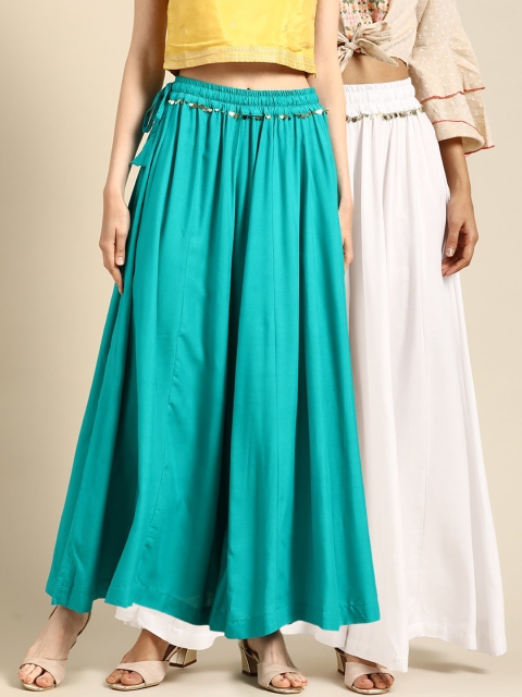 

TAG 7 Women White & Blue Solid Flared Palazzos