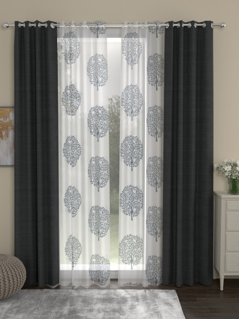 

ROSARA HOME Charcoal Grey & Off-White Set of 4 Regular & Sheer Door Curtains