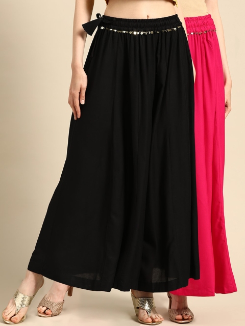 

TAG 7 Women Black & Pink Solid Flared Palazzos