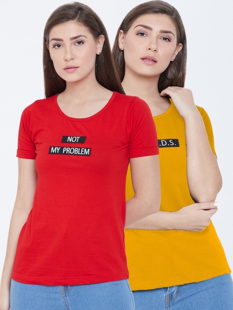 

CHROME & CORAL Women Pack of 2 Red & Yellow Printed Round Neck T-shirt