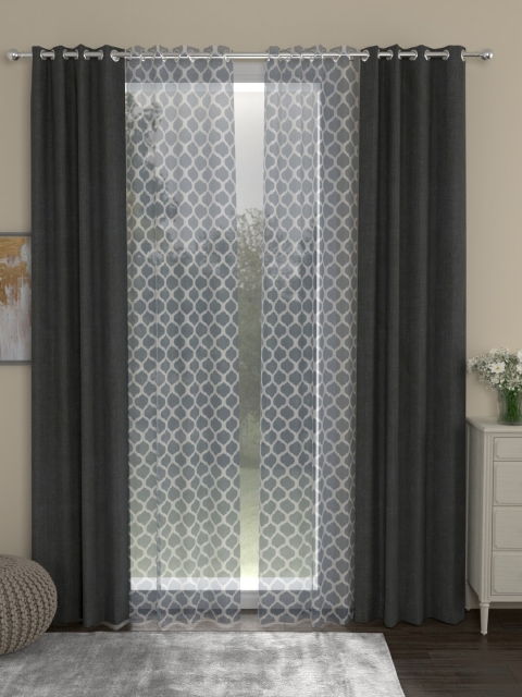 

ROSARA HOME Charcoal & White Set of 4 Regular & Sheer Long Door Curtains