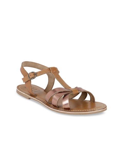 

ELLE Women Brown Solid Leather Open Toe Flats