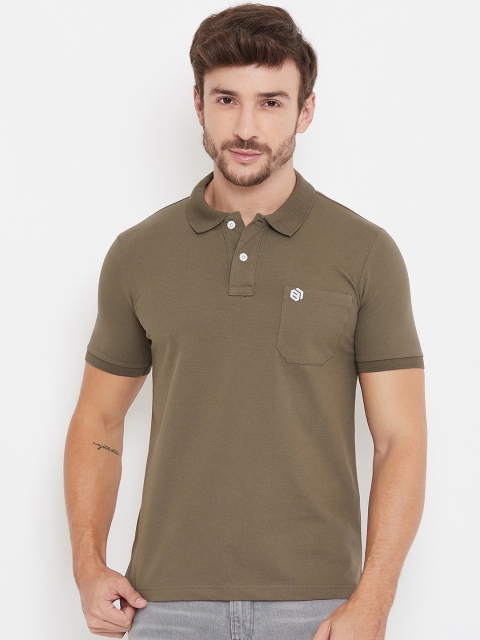 

Bishop Cotton Men Olive Green Solid Polo Collar T-shirt