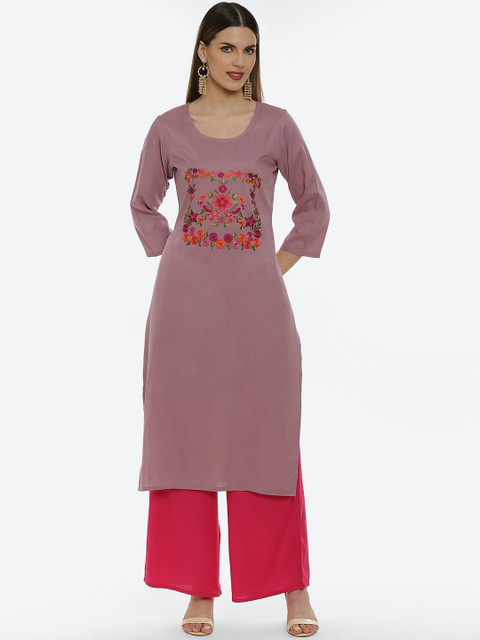 

Kurti's by Menka Women Purple Floral Embroidered Kurta