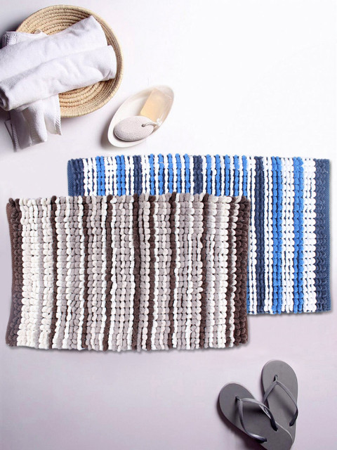 

AVI Living Set Of 2 Beige & Blue Striped Chenille Loop Handloom Woven 1500 GSM Bath Rugs
