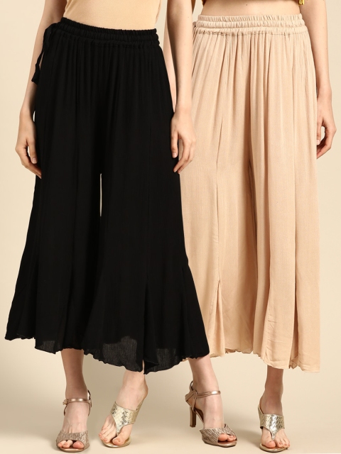 

TAG 7 Women Black & Cream-Coloured Solid Flared Palazzos