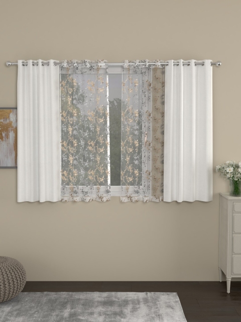 

ROSARA HOME White & Beige Set of 4 Chenille New Mimosa Regular & Sheer Window Curtains