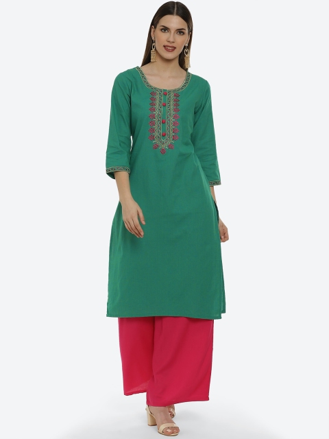 

Kurti's by Menka Women Green Yoke Design Flared Sleeves Thread Work Kurta