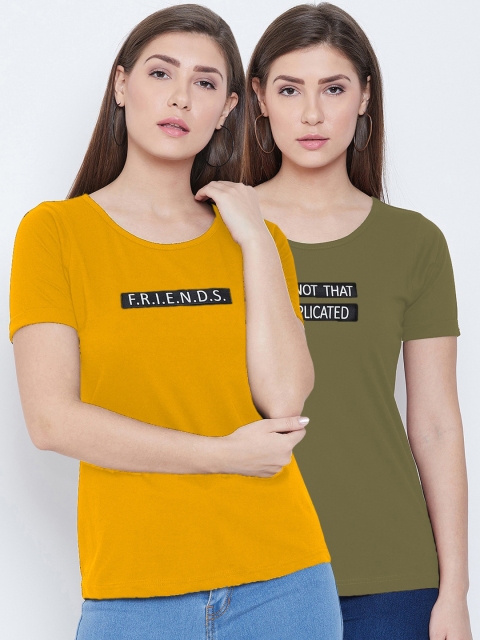 

CHROME & CORAL Women Pack of 2 Mustard & Olive Printed Round Neck T-shirt