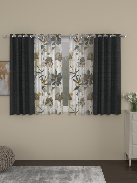

ROSARA HOME Charcoal & White Set of 4 Regular & Sheer Window Curtains