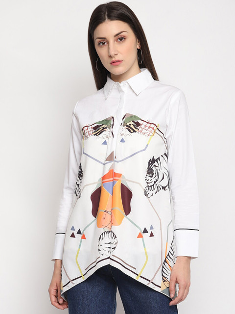 

OTORVA Women White & Brown Regular Fit Printed Casual Shirt