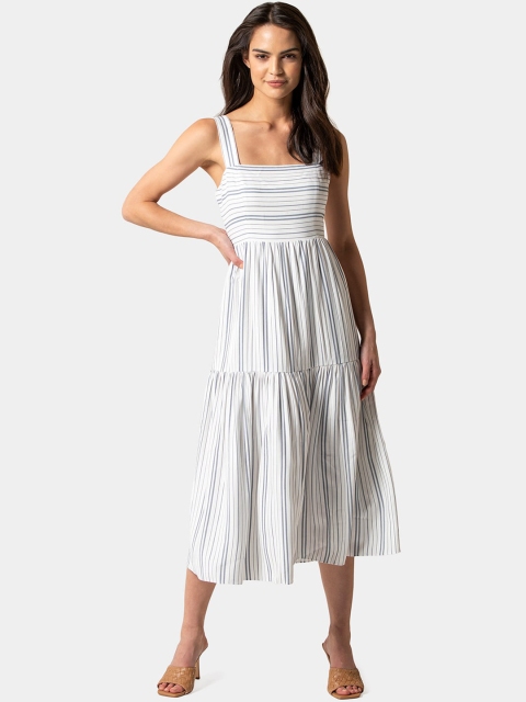 

Forever New White & Grey Striped Fit and Flare Dress