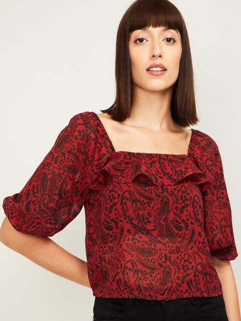 

Ginger by Lifestyle Red Printed Puff Sleeves Regular Top