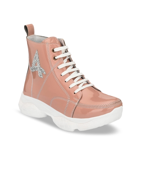 

AfroJack Women Pink & Off White Synthetic Leather Mid-Top Sneakers