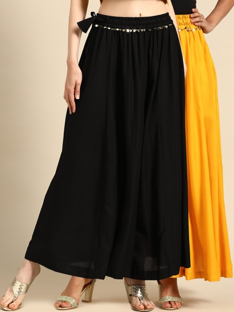 

TAG 7 Women Black & Yellow Solid Flared Palazzos