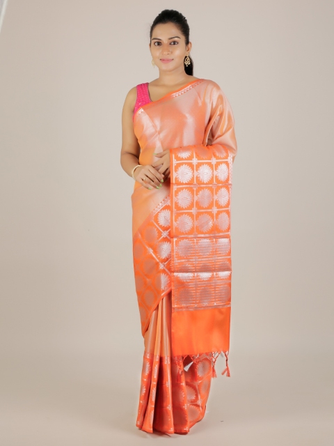 

Pothys Orange & Silver-Toned Tissue Woven Design Saree