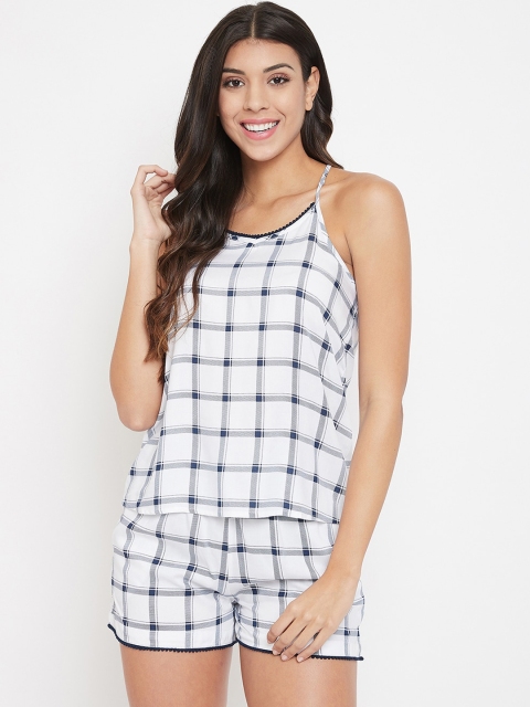 

Clovia Women White & Navy Blue Checked Night suit
