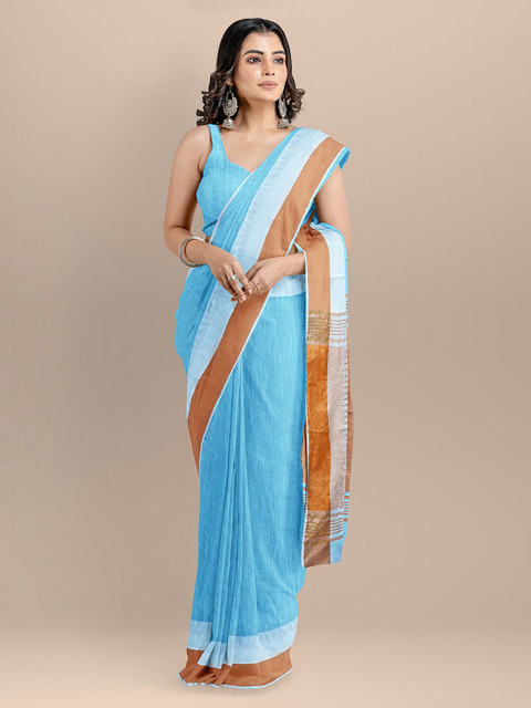 

BharatSthali Turquoise Blue Silk Cotton Solid Maheshwari Handloom Saree