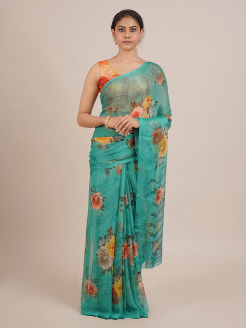 

Pothys Sea Green & Yellow Poly Chiffon Printed Saree