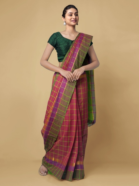 

Unnati Silks Maroon & Green Pure Cotton Checked Mangalagiri Saree