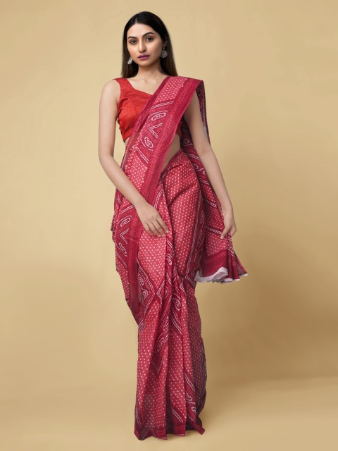 

Unnati Silks Red & Off-White Pure Cotton Printed Bandhani Saree